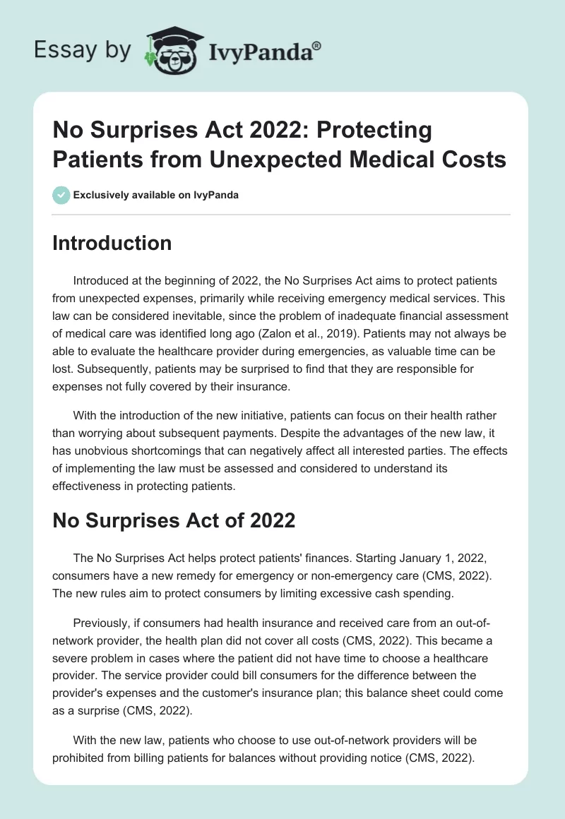 No Surprises Act 2022: Protecting Patients from Unexpected Medical Costs. Page 1