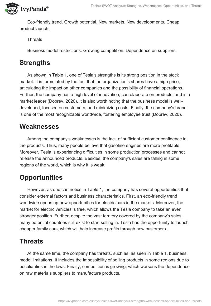 Tesla's SWOT Analysis: Strengths, Weaknesses, Opportunities, and Threats. Page 2