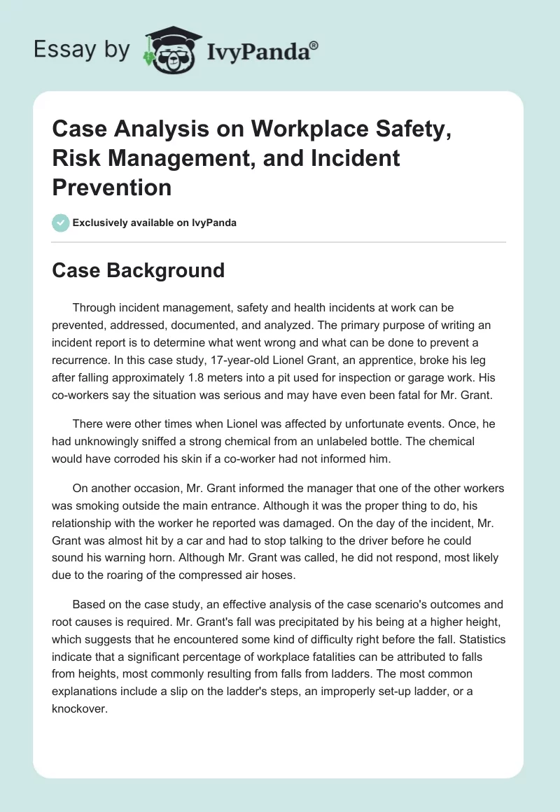 Case Analysis on Workplace Safety, Risk Management, and Incident Prevention. Page 1
