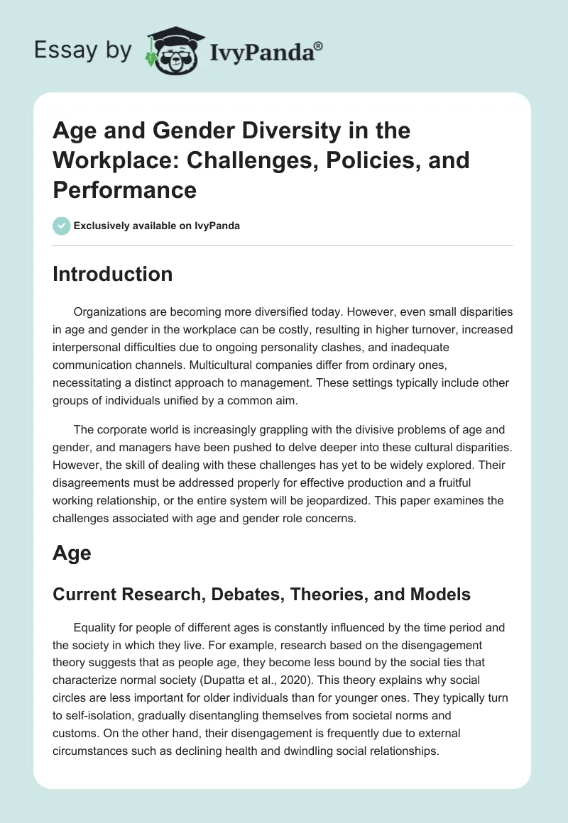 Age and Gender Diversity in the Workplace: Challenges, Policies, and Performance. Page 1