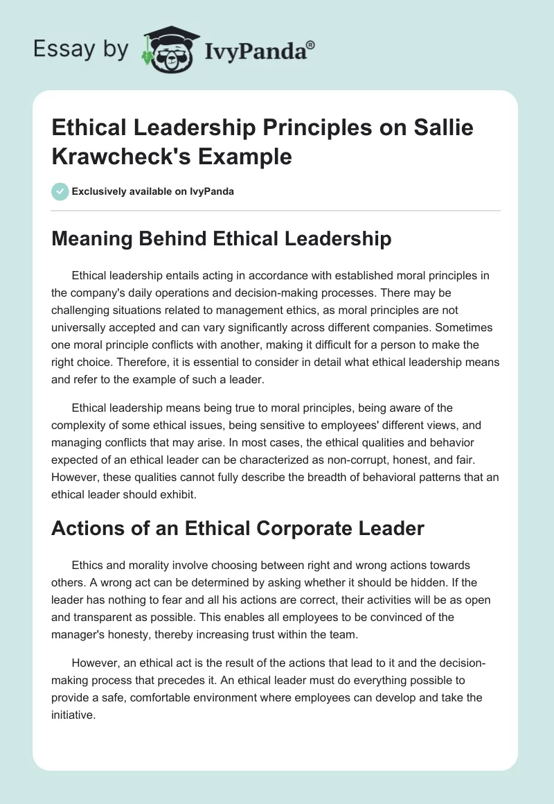 Ethical Leadership Principles on Sallie Krawcheck's Example. Page 1