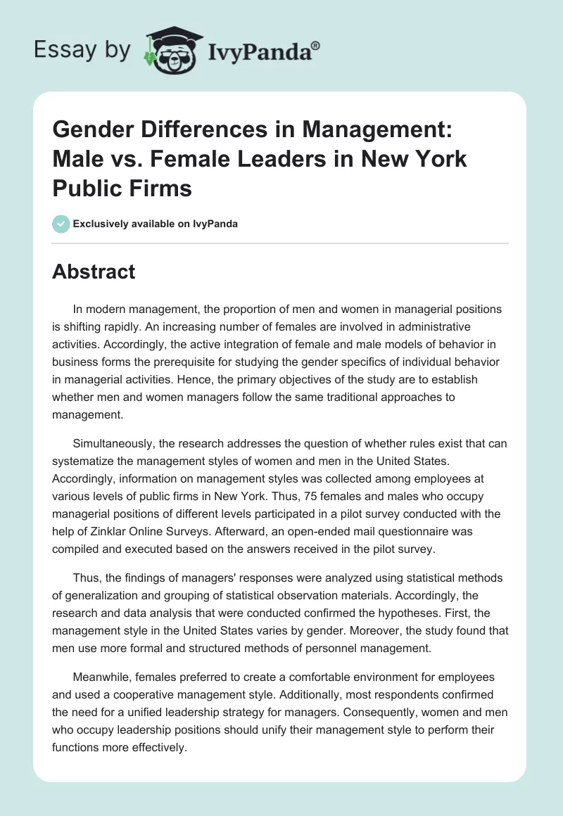 Gender Differences in Management: Male vs. Female Leaders in New York Public Firms. Page 1