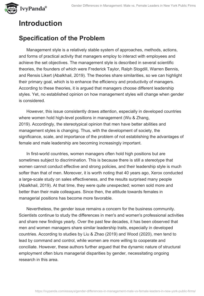 Gender Differences in Management: Male vs. Female Leaders in New York Public Firms. Page 2