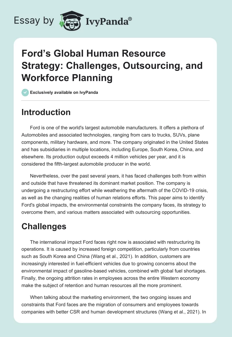Ford’s Global Human Resource Strategy: Challenges, Outsourcing, and Workforce Planning. Page 1