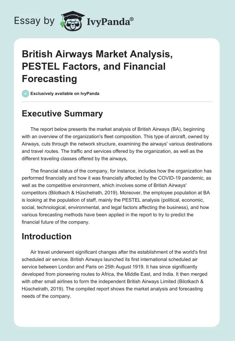 British Airways Market Analysis, PESTEL Factors, and Financial Forecasting. Page 1