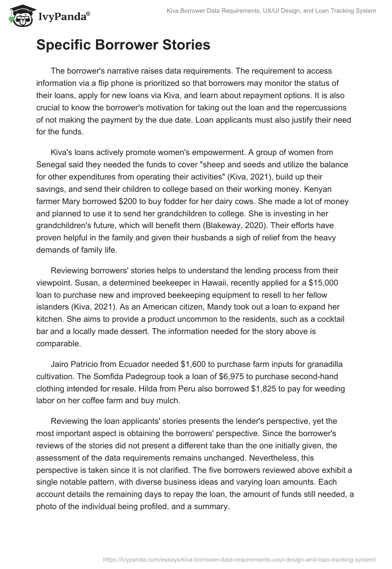 Kiva Borrower Data Requirements, UX/UI Design, and Loan Tracking System. Page 2