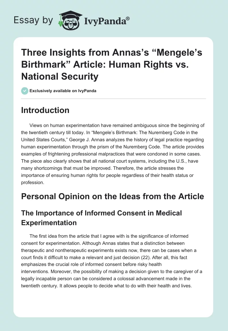 Three Insights from Annas’s “Mengele’s Birthmark” Article: Human Rights vs. National Security. Page 1