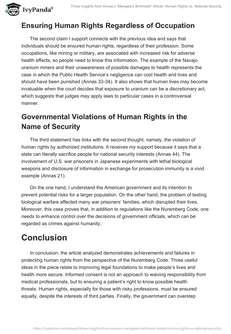 Three Insights from Annas’s “Mengele’s Birthmark” Article: Human Rights vs. National Security. Page 2