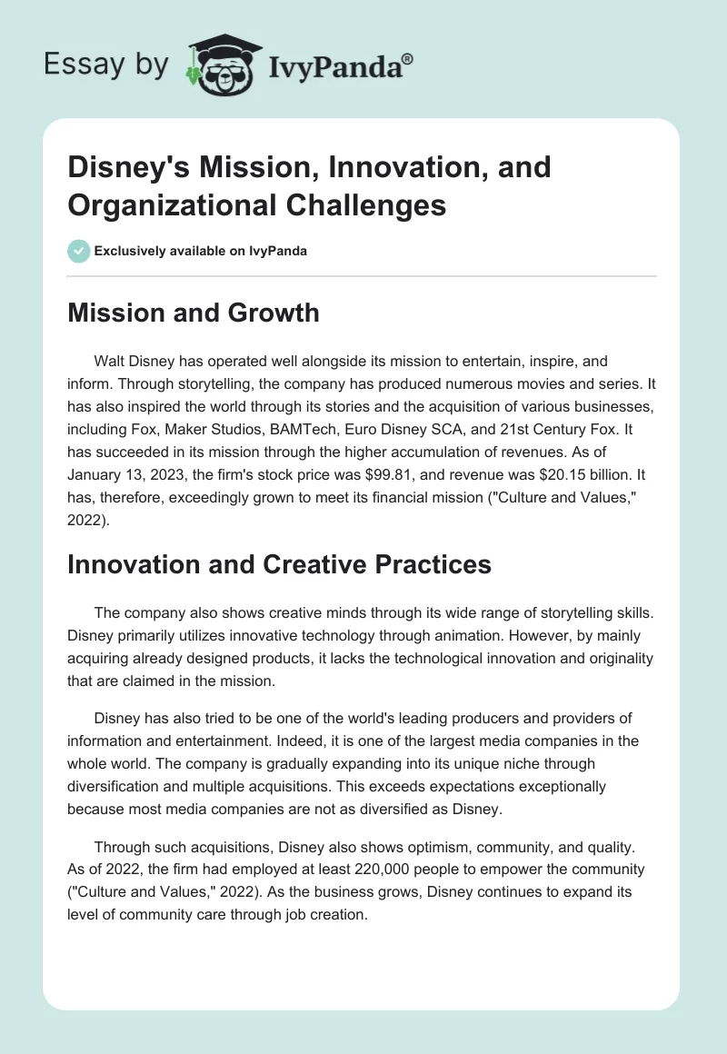 Disney's Mission, Innovation, and Organizational Challenges. Page 1