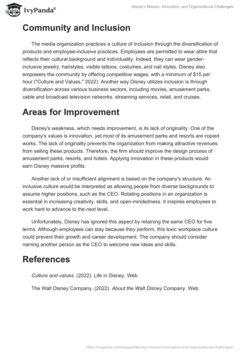 Disney's Mission, Innovation, and Organizational Challenges. Page 2