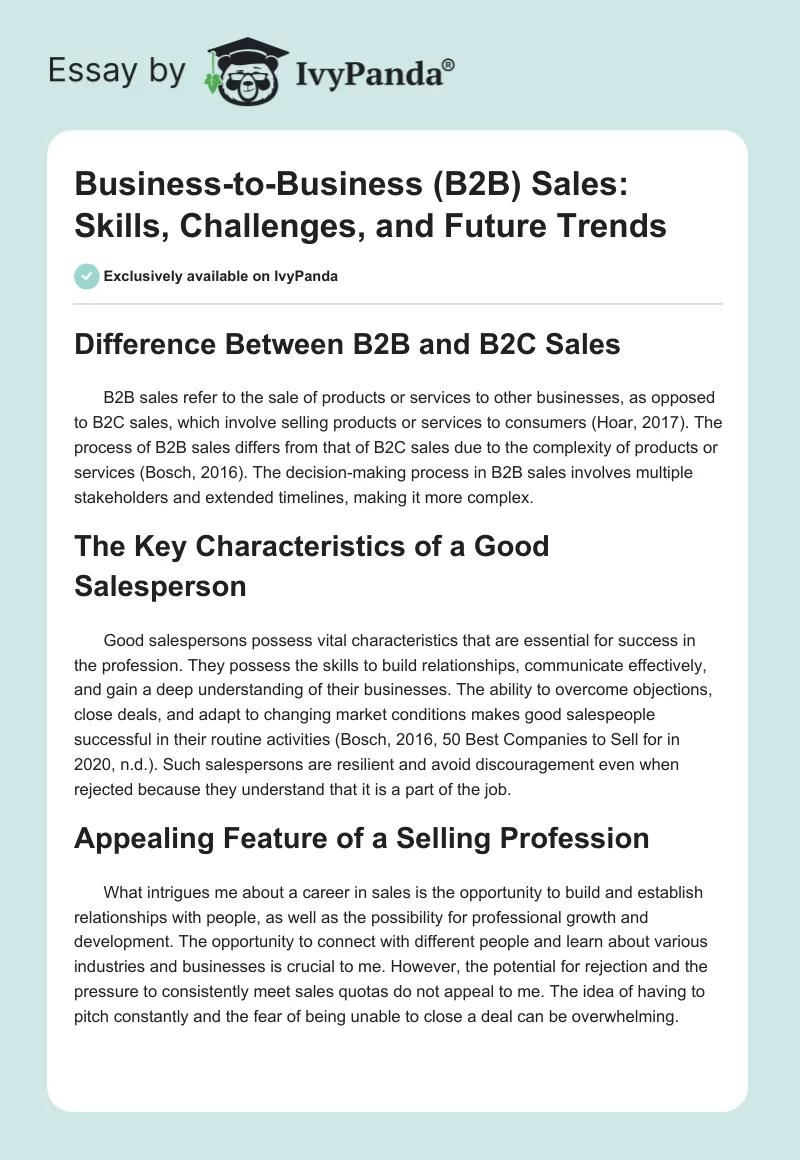 Business-to-Business (B2B) Sales: Skills, Challenges, and Future Trends. Page 1