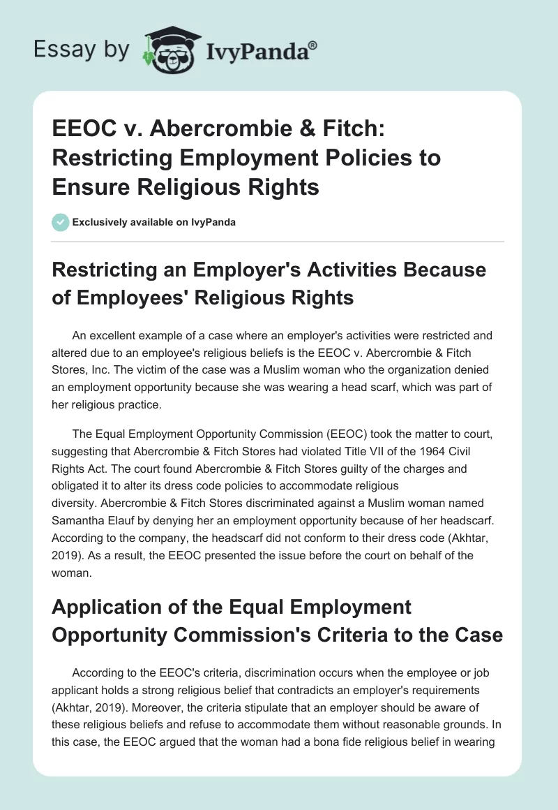 EEOC v. Abercrombie & Fitch: Restricting Employment Policies to Ensure Religious Rights. Page 1
