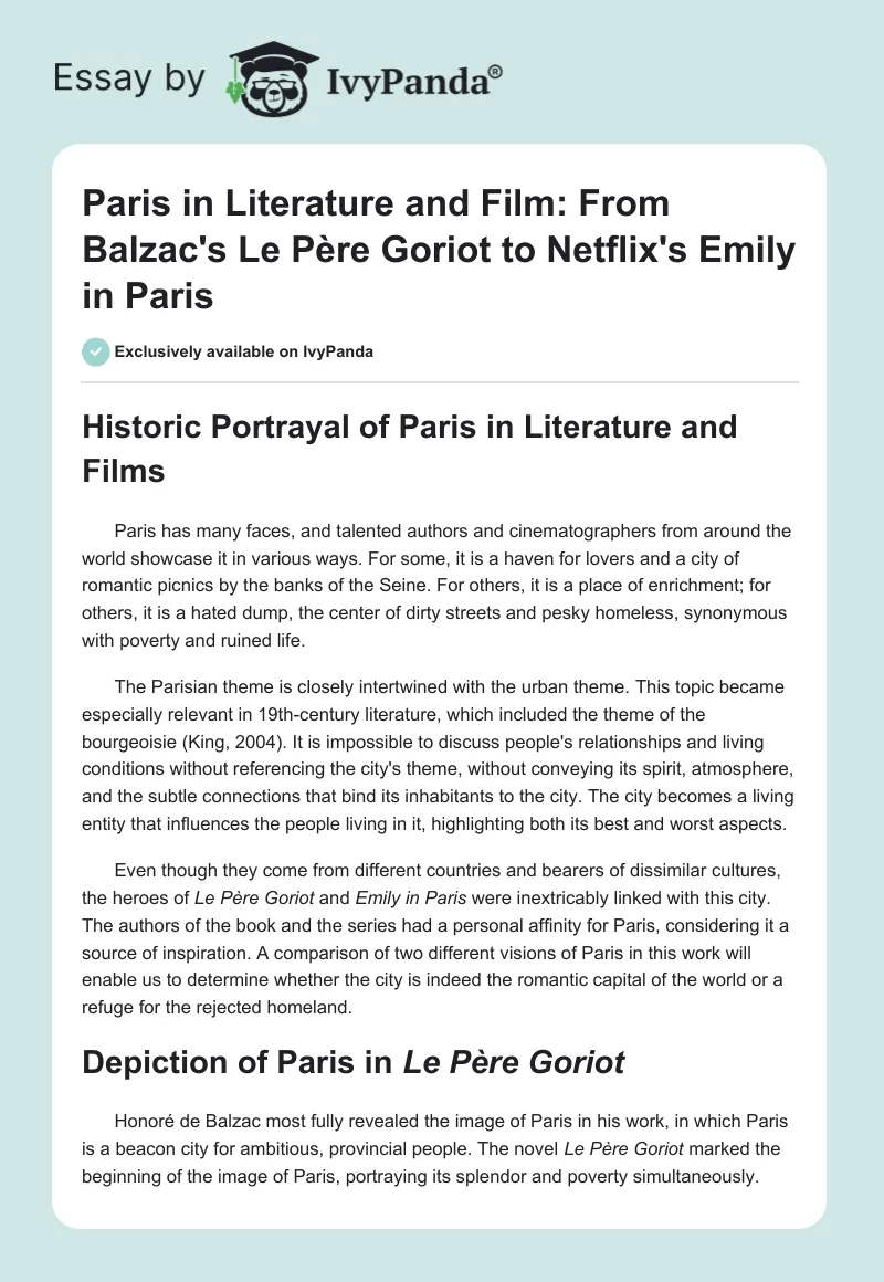 Paris in Literature and Film: From Balzac's Le Père Goriot to Netflix's Emily in Paris. Page 1