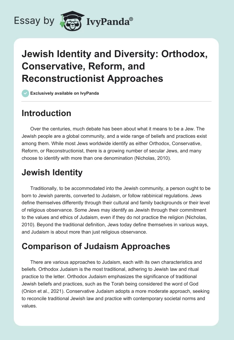 Jewish Identity and Diversity: Orthodox, Conservative, Reform, and Reconstructionist Approaches. Page 1