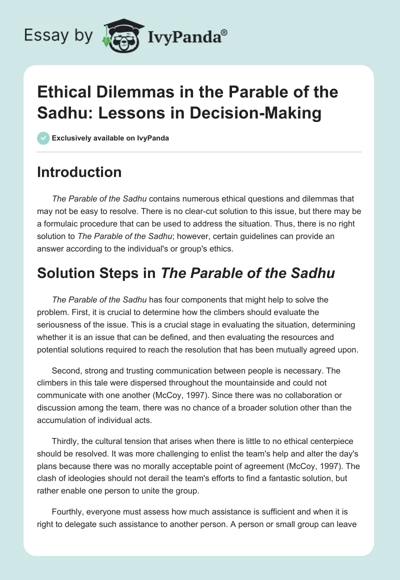 Ethical Dilemmas in the Parable of the Sadhu: Lessons in Decision-Making. Page 1