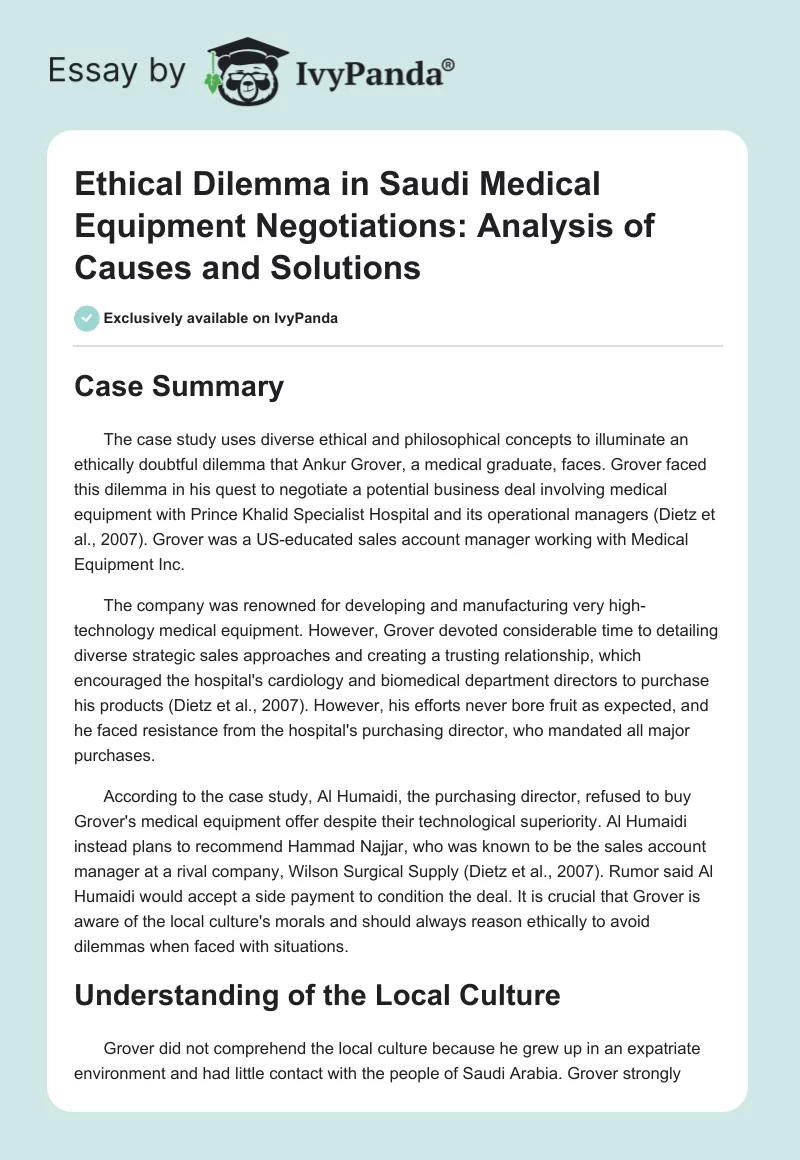Ethical Dilemma in Saudi Medical Equipment Negotiations: Analysis of Causes and Solutions. Page 1