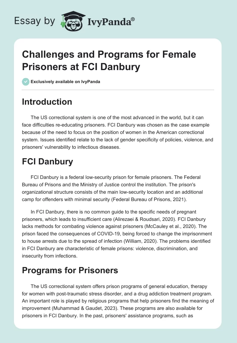 Challenges and Programs for Female Prisoners at FCI Danbury. Page 1