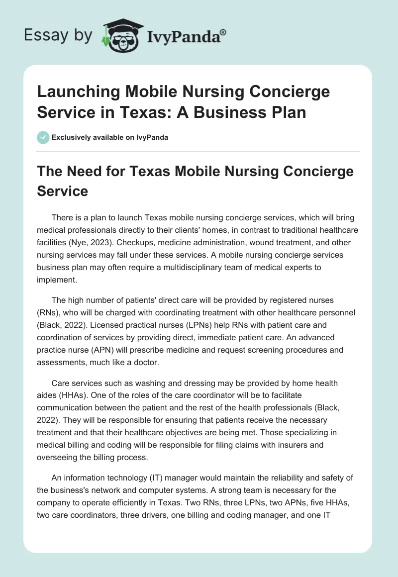 Launching Mobile Nursing Concierge Service in Texas: A Business Plan. Page 1