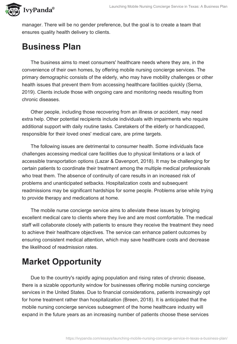 Launching Mobile Nursing Concierge Service in Texas: A Business Plan. Page 2