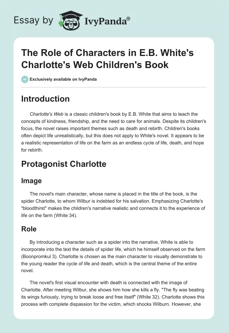 The Role of Characters in E.B. White's Charlotte's Web Children's Book. Page 1