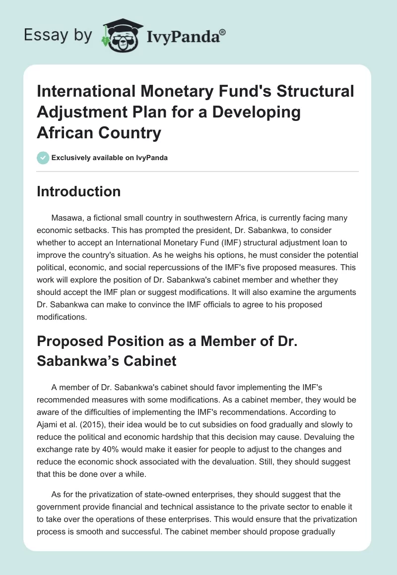 International Monetary Fund's Structural Adjustment Plan for a Developing African Country. Page 1