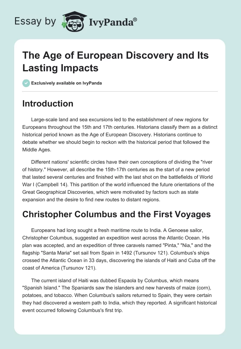 The Age of European Discovery and Its Lasting Impacts. Page 1