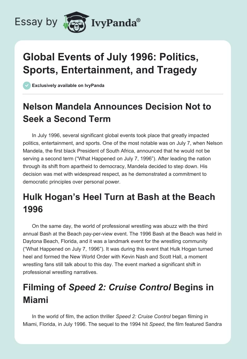 Global Events of July 1996: Politics, Sports, Entertainment, and Tragedy. Page 1