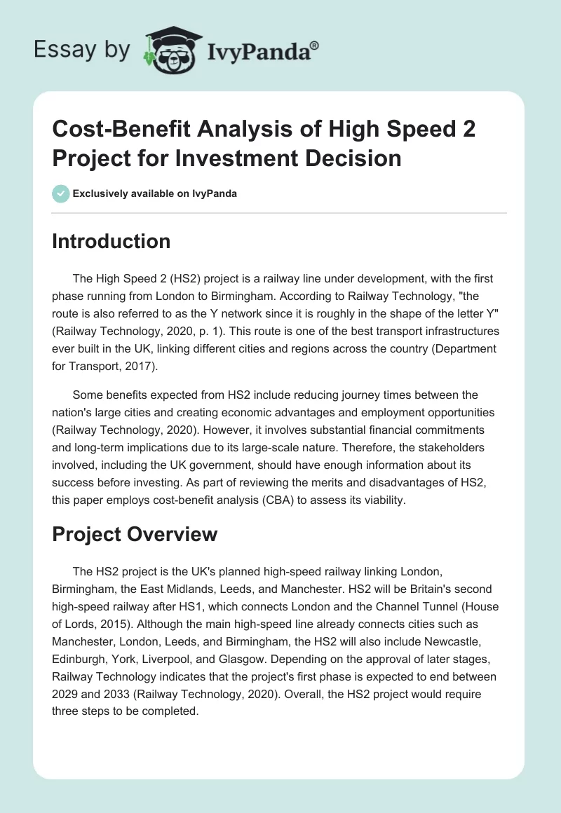 Cost-Benefit Analysis of High Speed 2 Project for Investment Decision. Page 1