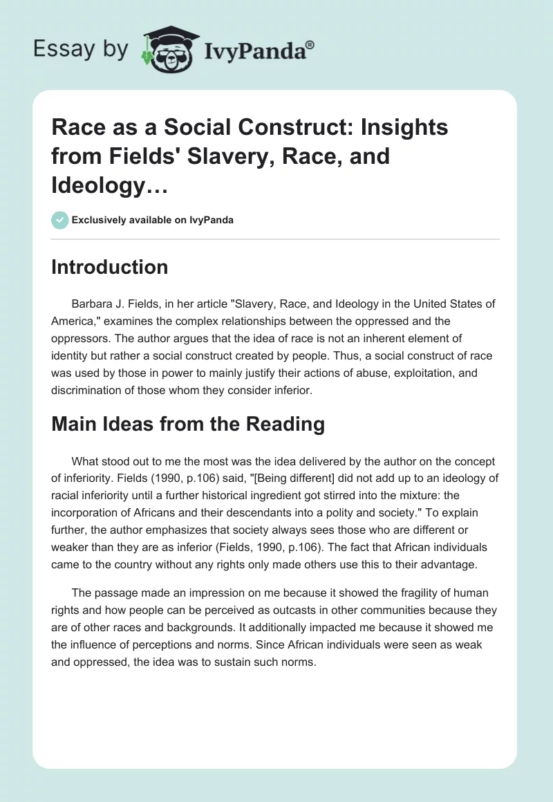 Race as a Social Construct: Insights from Fields' "Slavery, Race, and Ideology…". Page 1