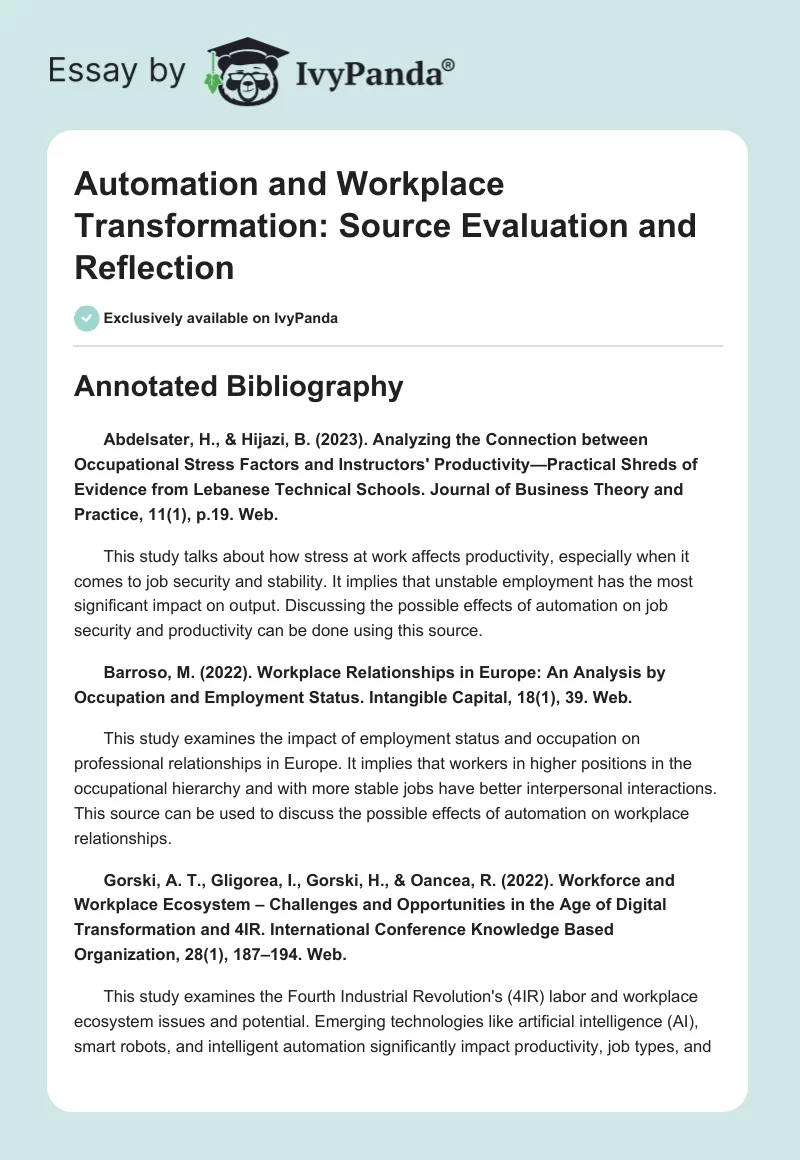 Automation and Workplace Transformation: Source Evaluation and Reflection. Page 1