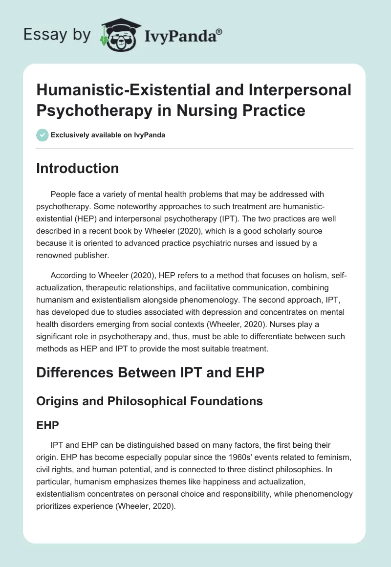 Humanistic-Existential and Interpersonal Psychotherapy in Nursing Practice. Page 1