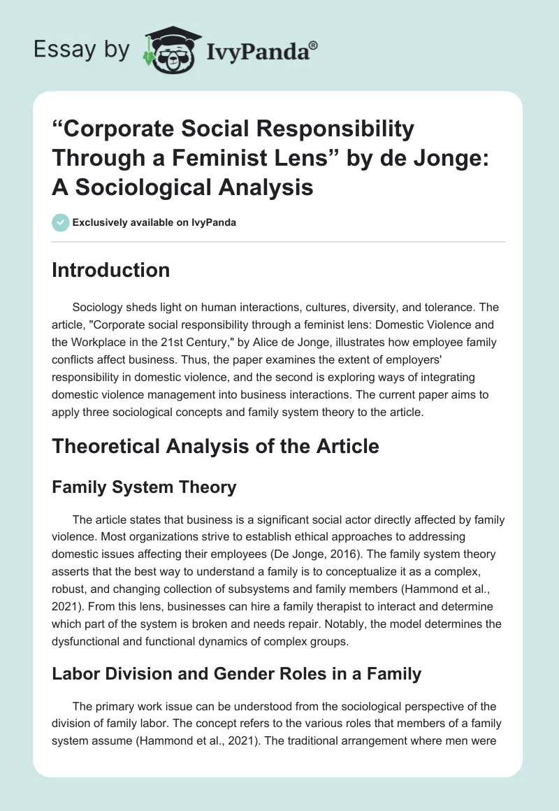 “Corporate Social Responsibility Through a Feminist Lens” by de Jonge: A Sociological Analysis. Page 1