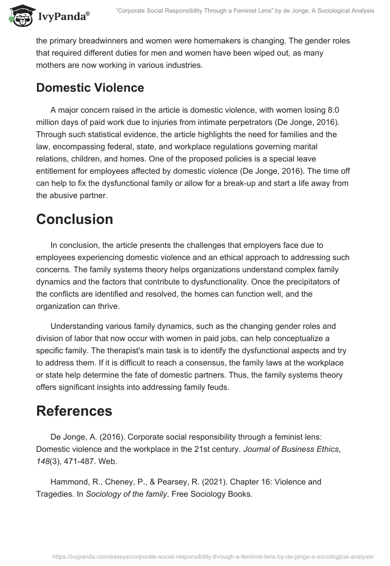 “Corporate Social Responsibility Through a Feminist Lens” by de Jonge: A Sociological Analysis. Page 2