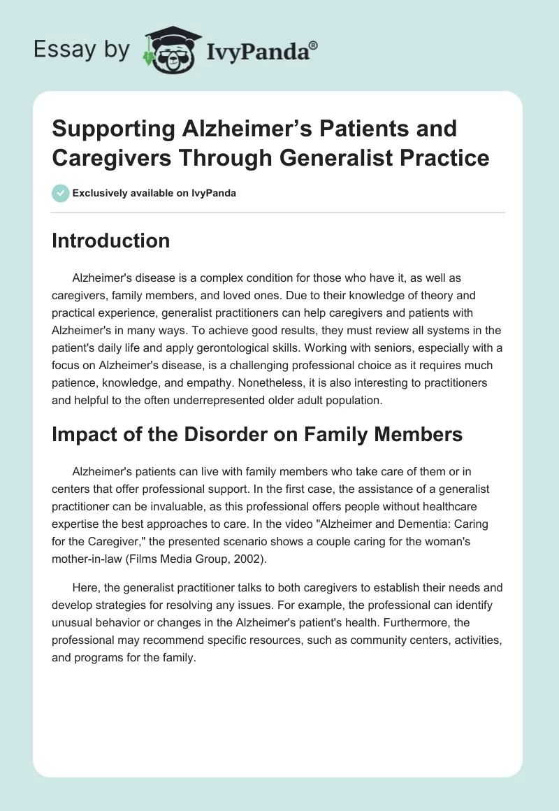 Supporting Alzheimer’s Patients and Caregivers Through Generalist Practice. Page 1