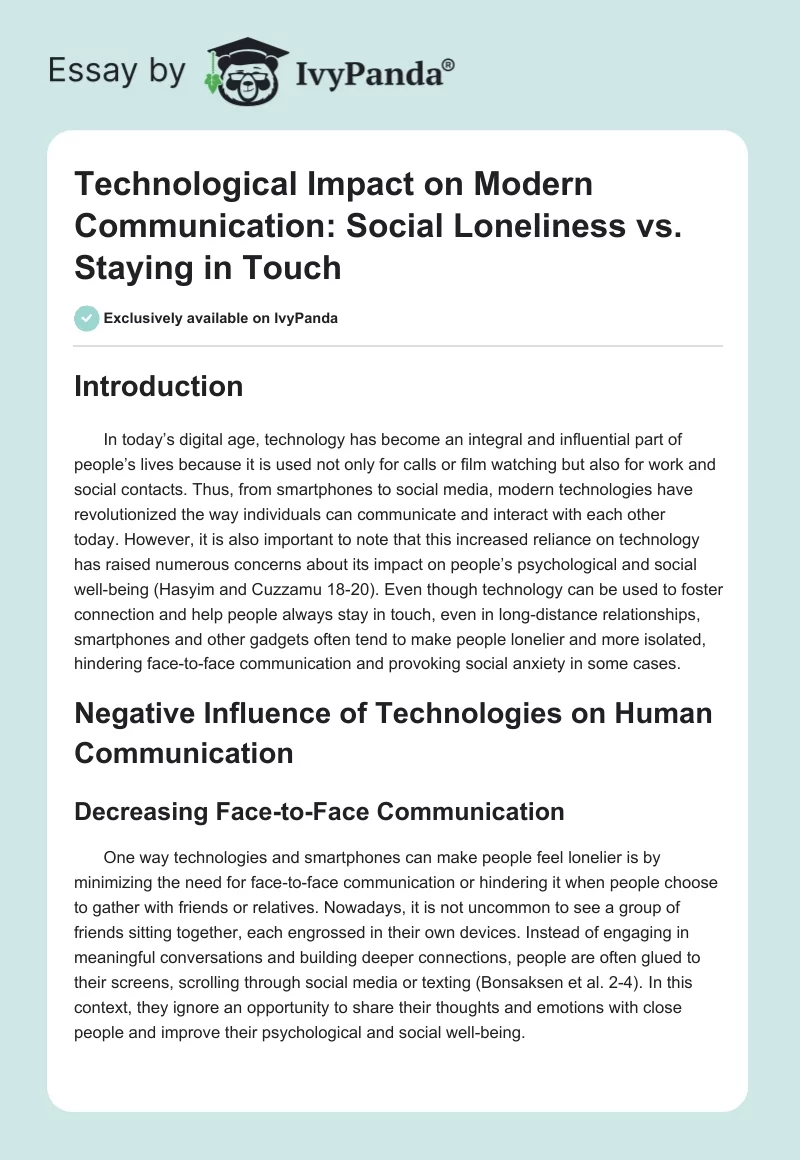 Technological Impact on Modern Communication: Social Loneliness vs. Staying in Touch. Page 1