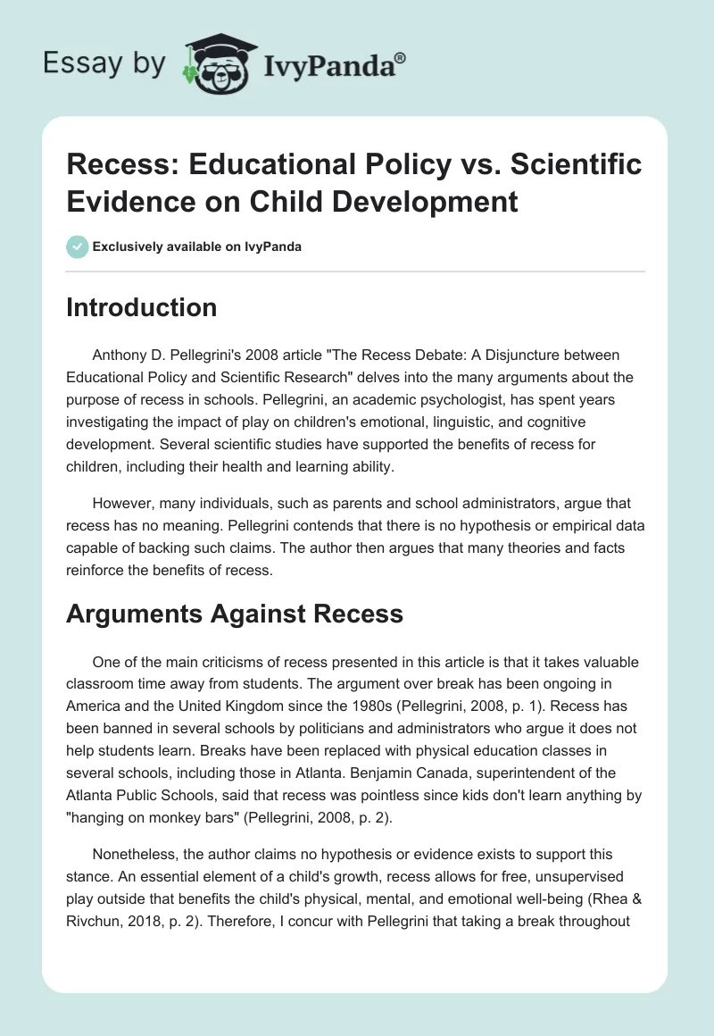 Recess: Educational Policy vs. Scientific Evidence on Child Development. Page 1