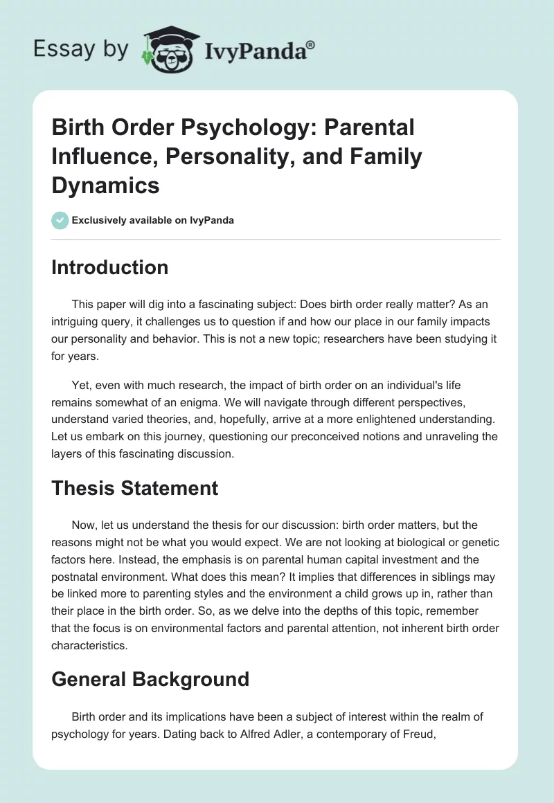 Birth Order Psychology: Parental Influence, Personality, and Family Dynamics. Page 1