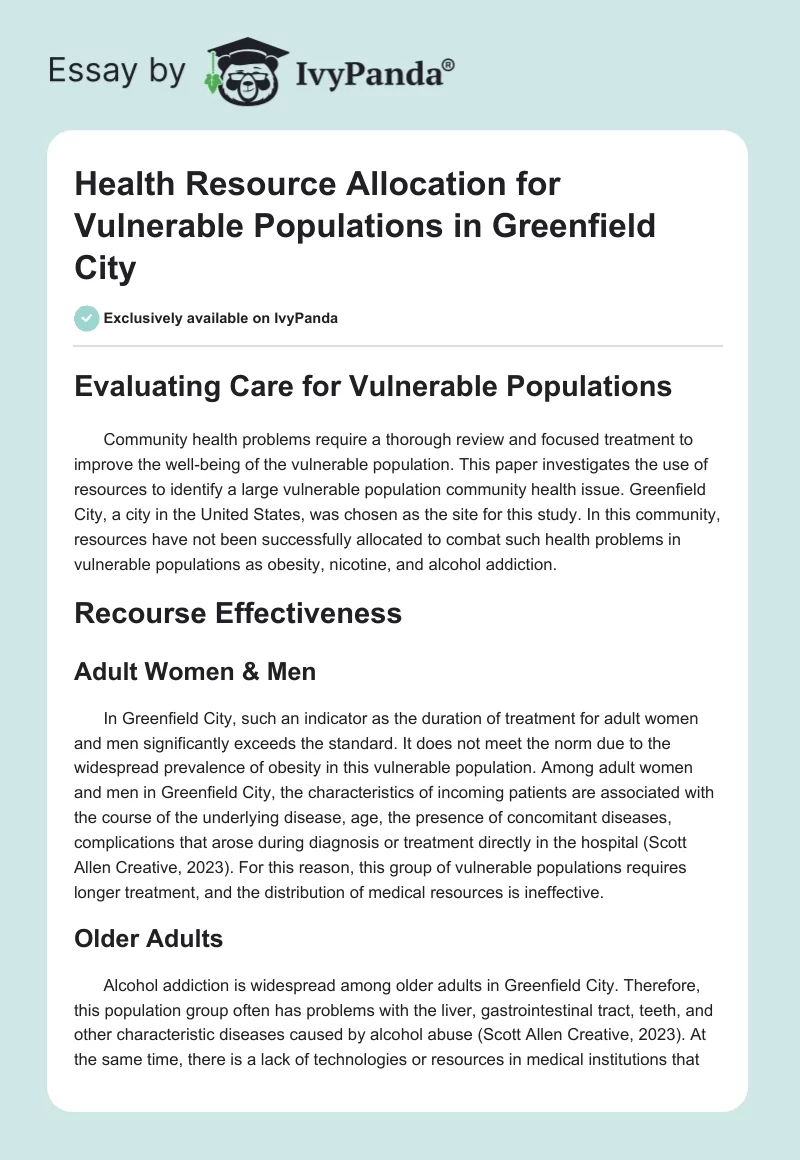 Health Resource Allocation for Vulnerable Populations in Greenfield City. Page 1