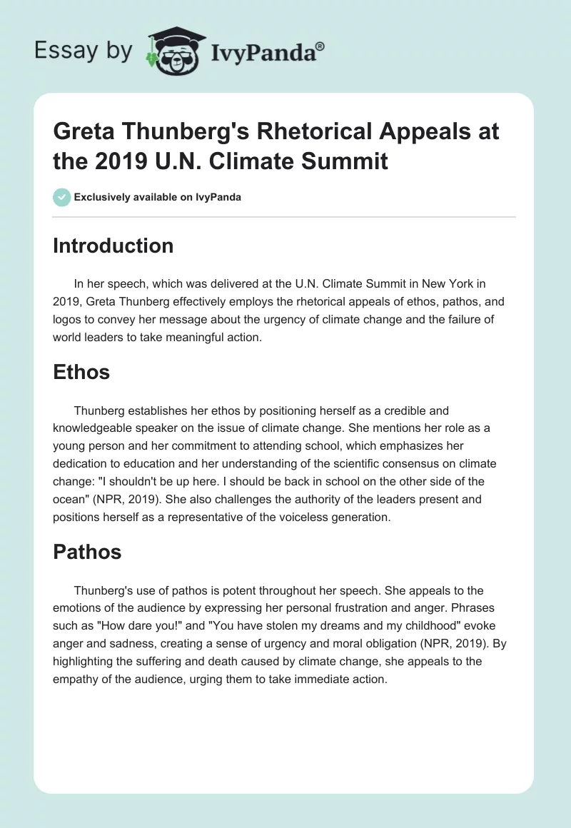 Greta Thunberg's Rhetorical Appeals at the 2019 U.N. Climate Summit. Page 1