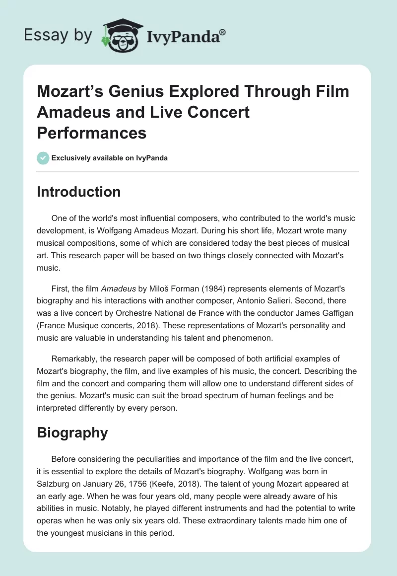 Mozart’s Genius Explored Through Film Amadeus and Live Concert Performances. Page 1