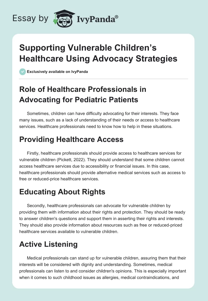 Supporting Vulnerable Children’s Healthcare Using Advocacy Strategies. Page 1
