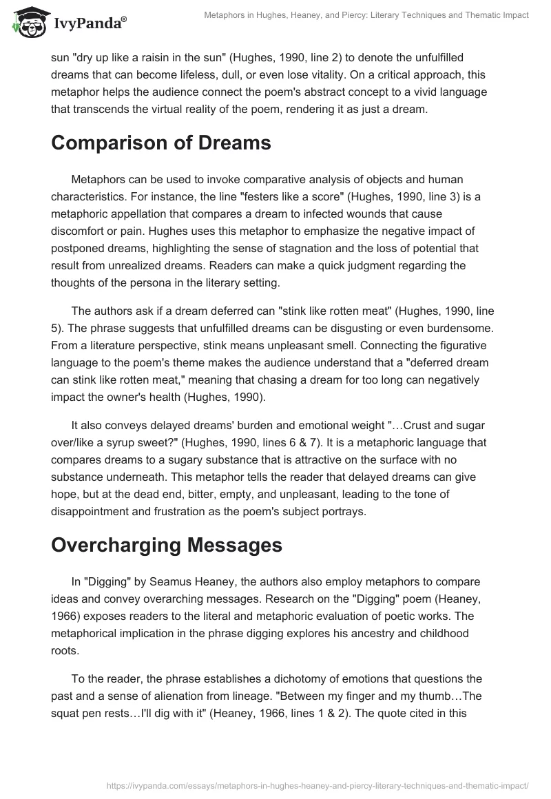 Metaphors in Hughes, Heaney, and Piercy: Literary Techniques and Thematic Impact. Page 2
