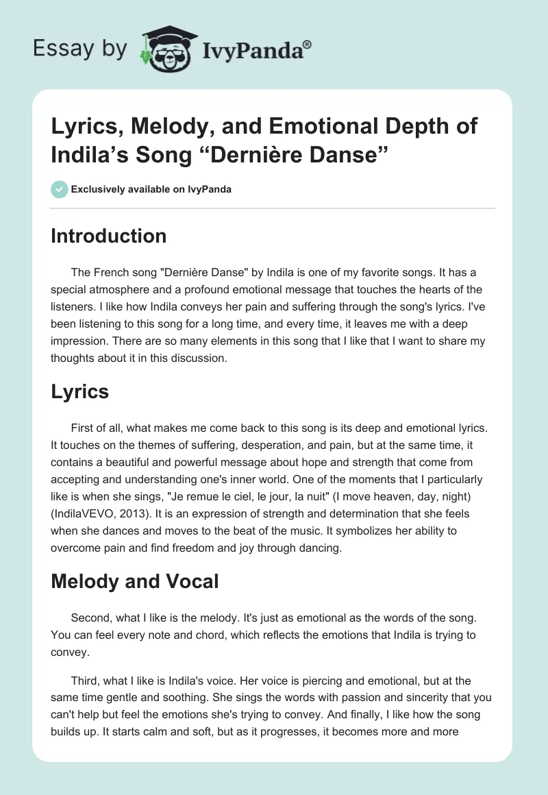 Lyrics, Melody, and Emotional Depth of Indila’s Song “Dernière Danse”. Page 1