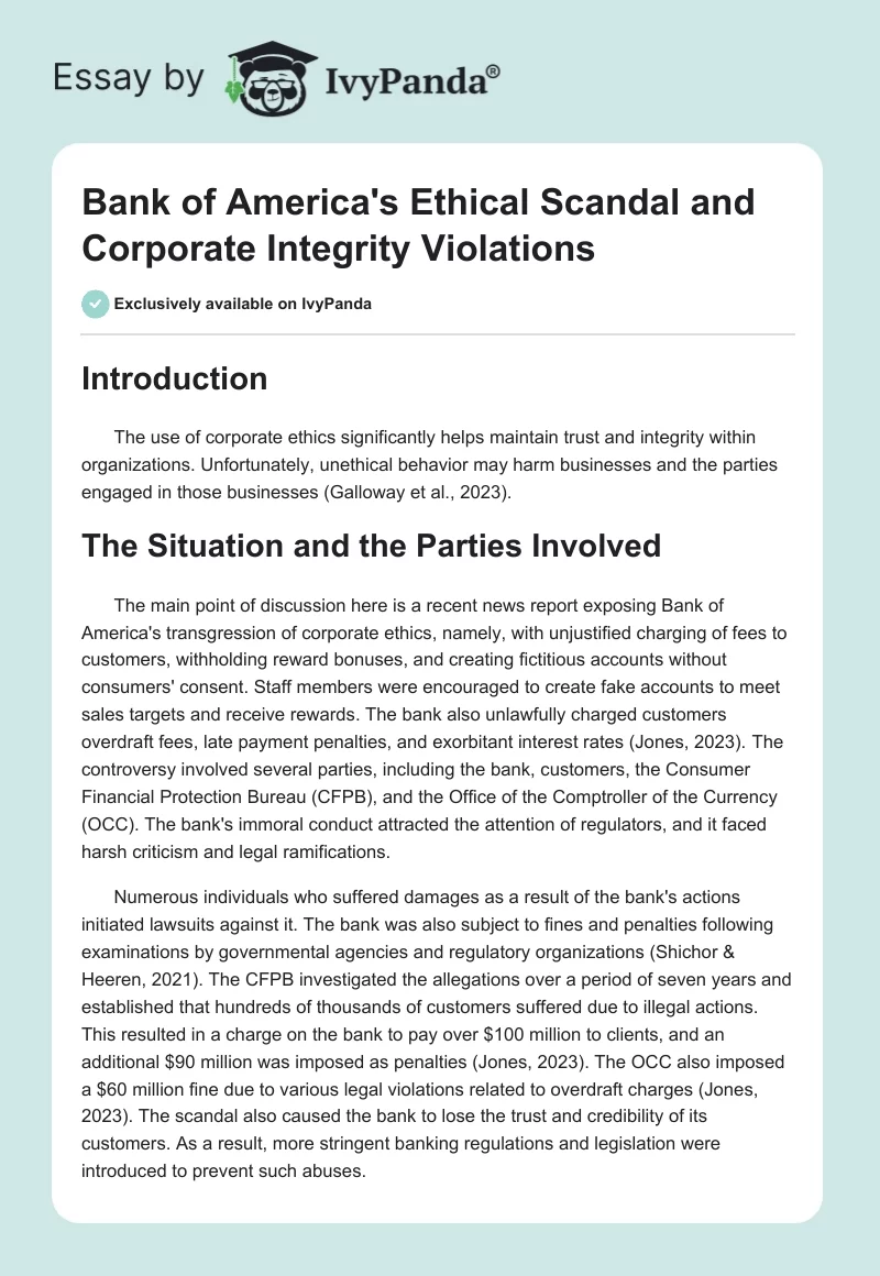 Bank of America's Ethical Scandal and Corporate Integrity Violations. Page 1