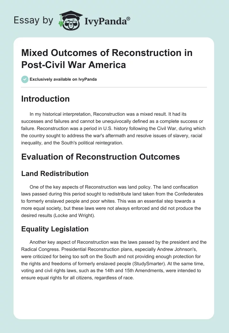 Mixed Outcomes of Reconstruction in Post-Civil War America. Page 1