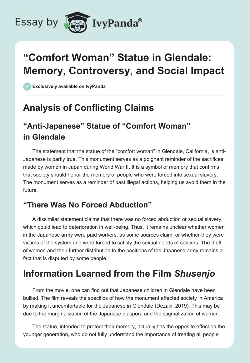 “Comfort Woman” Statue in Glendale: Memory, Controversy, and Social Impact. Page 1