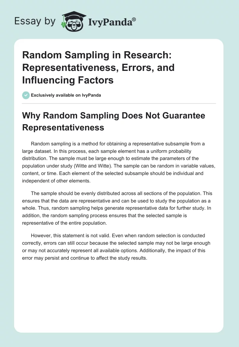 Random Sampling in Research: Representativeness, Errors, and Influencing Factors. Page 1