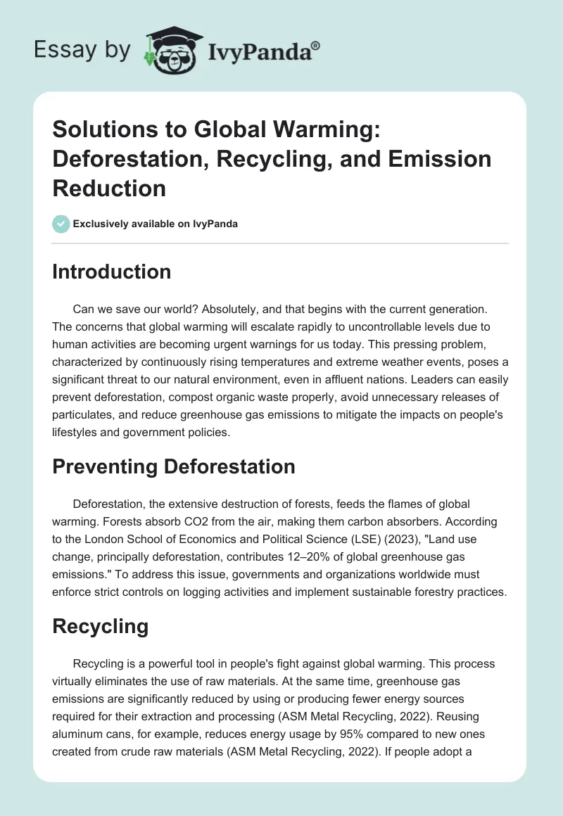 Solutions to Global Warming: Deforestation, Recycling, and Emission Reduction. Page 1