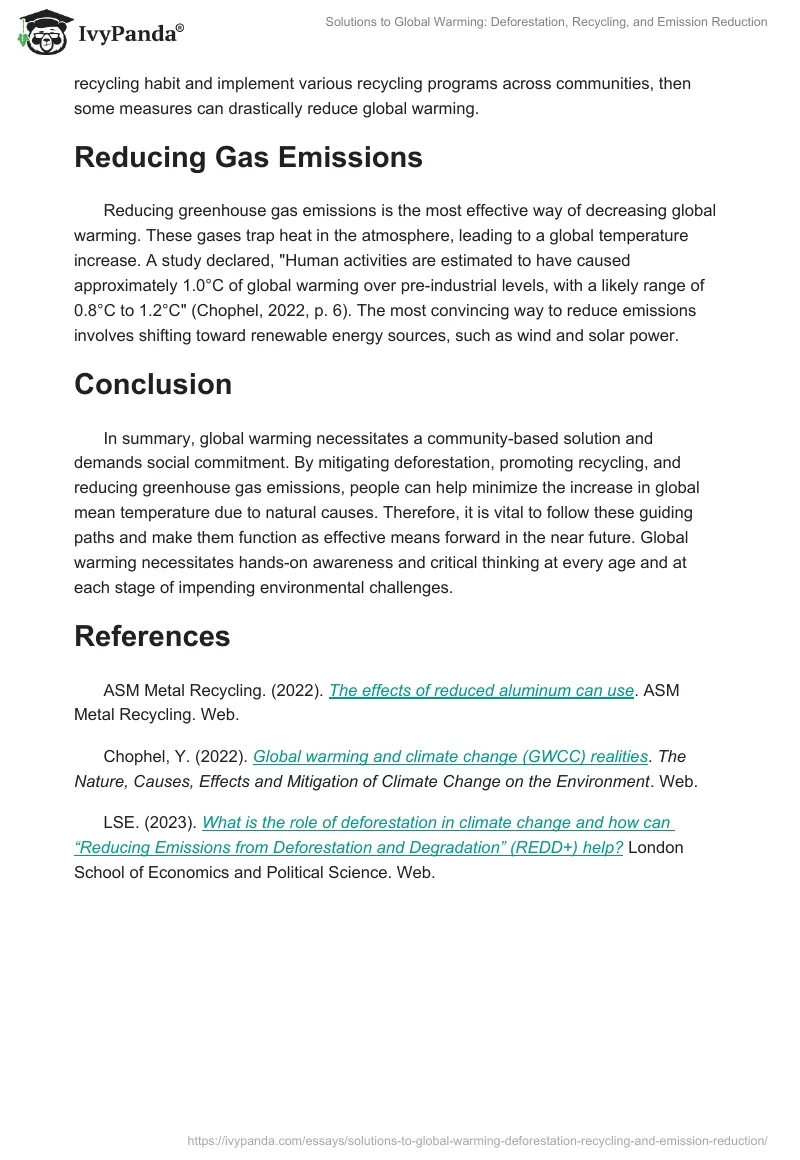 Solutions to Global Warming: Deforestation, Recycling, and Emission Reduction. Page 2