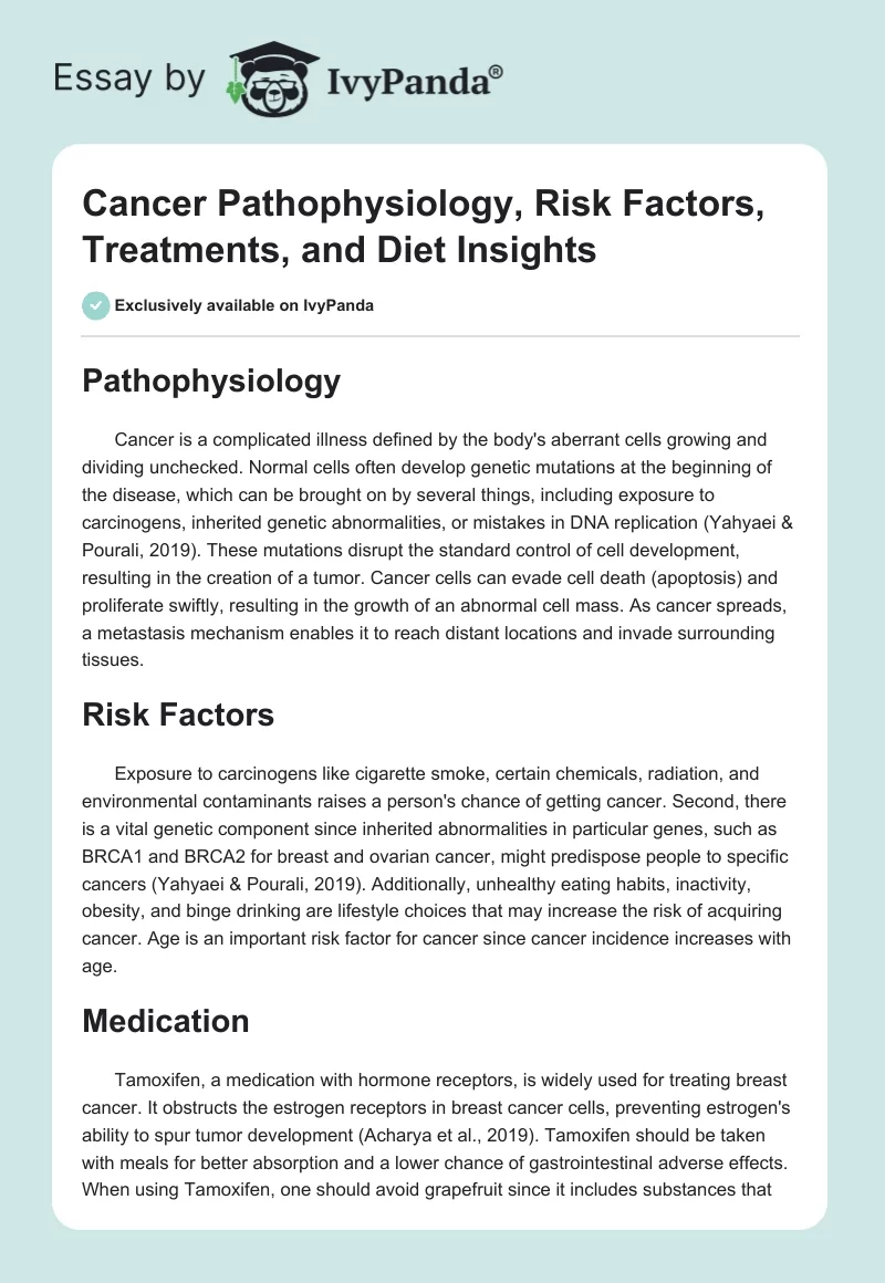 Cancer Pathophysiology, Risk Factors, Treatments, and Diet Insights. Page 1